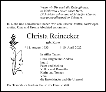 Traueranzeige von Christa Reinecker von Lübecker Nachrichten