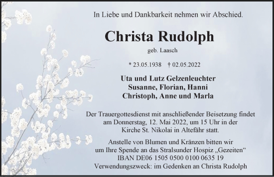 Traueranzeige von Christa Rudolph von Ostsee-Zeitung GmbH
