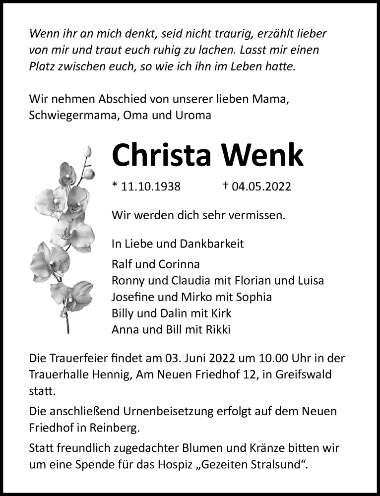  Traueranzeige für Christa Wenk vom 14.05.2022 aus Ostsee-Zeitung GmbH