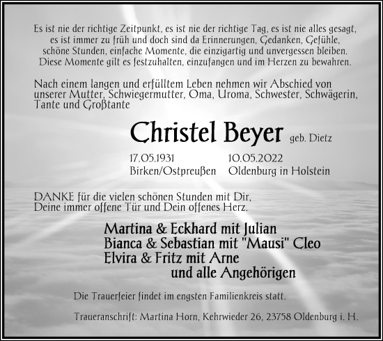 Traueranzeige von Christel Beyer von Lübecker Nachrichten