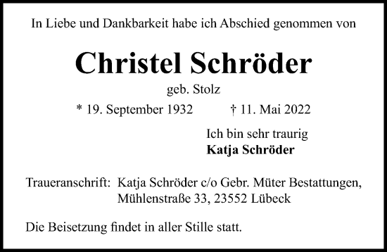 Traueranzeige von Christel Schröder von Lübecker Nachrichten