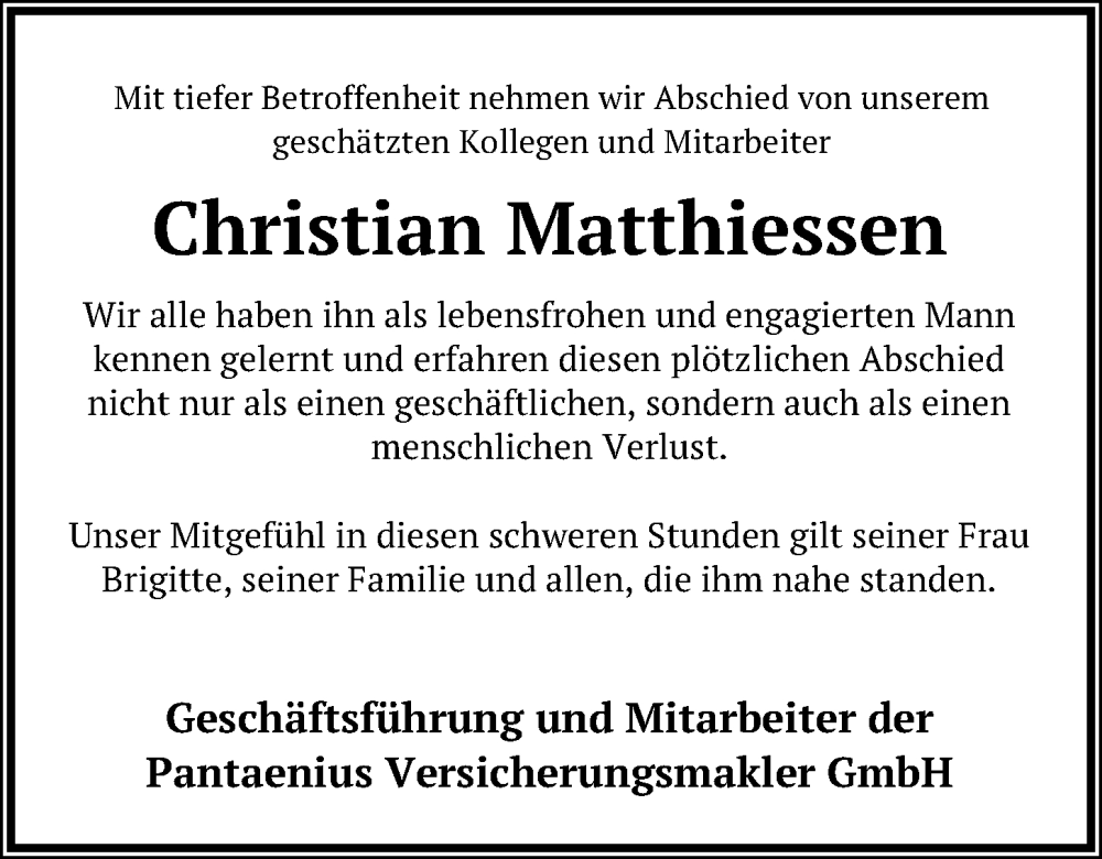 Traueranzeige für Christian Matthiessen vom 25.05.2022 aus Kieler Nachrichten