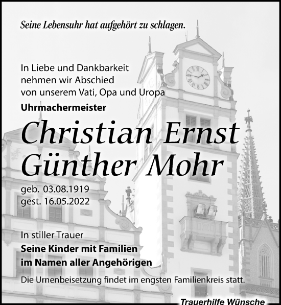 Traueranzeige von Christian Ernst Günther Mohr von Leipziger Volkszeitung