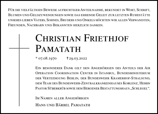 Traueranzeige von Christian Friethjof Pamatath von Ostsee-Zeitung GmbH