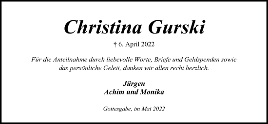 Traueranzeige von Christina Gurski von Kieler Nachrichten