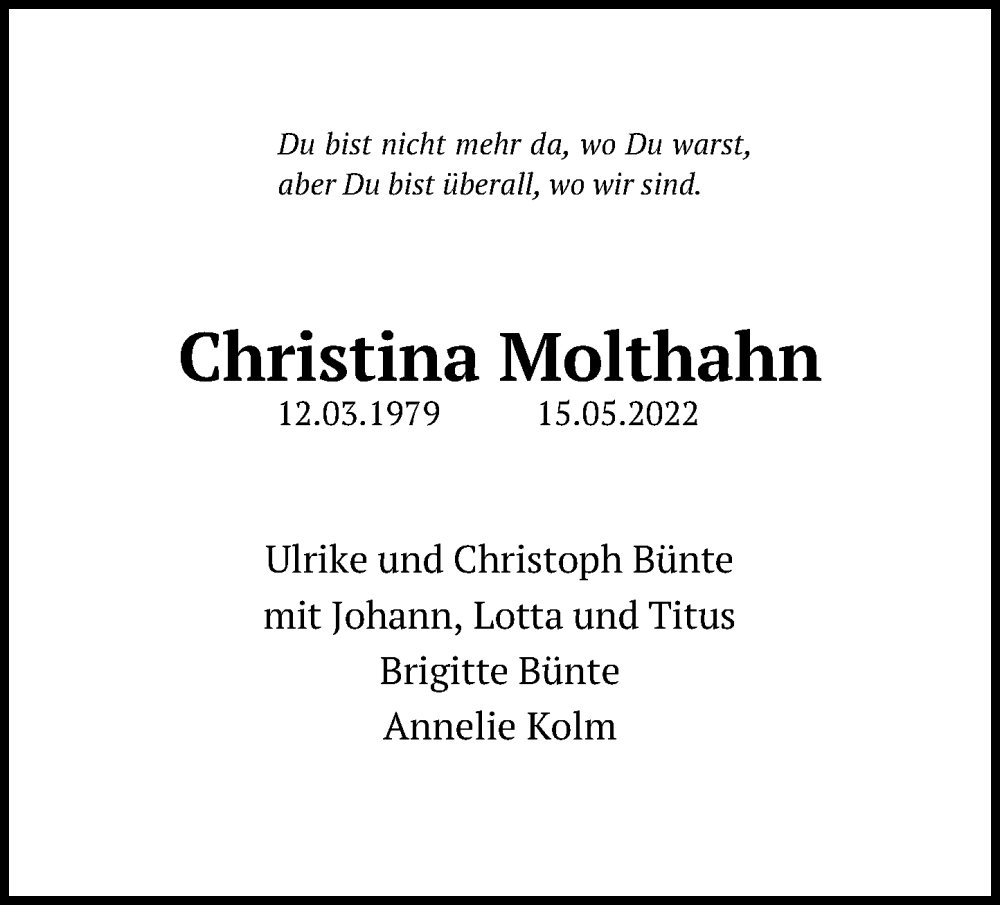  Traueranzeige für Christina Molthahn vom 21.05.2022 aus Schaumburger Nachrichten