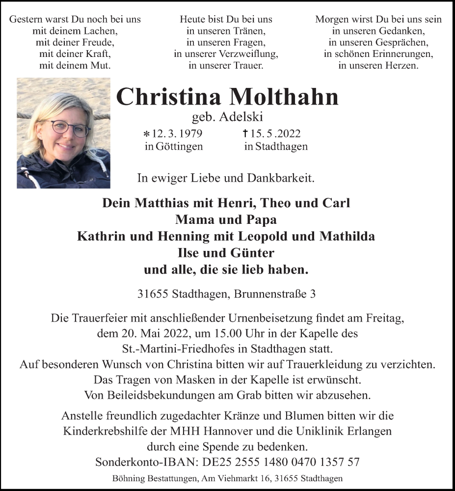  Traueranzeige für Christina Molthahn vom 18.05.2022 aus Schaumburger Nachrichten