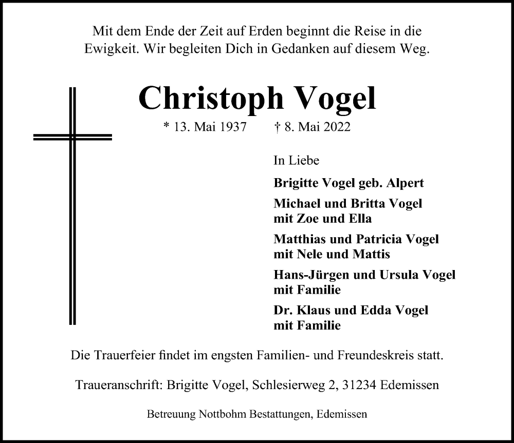  Traueranzeige für Christoph Vogel vom 11.05.2022 aus Peiner Allgemeine Zeitung