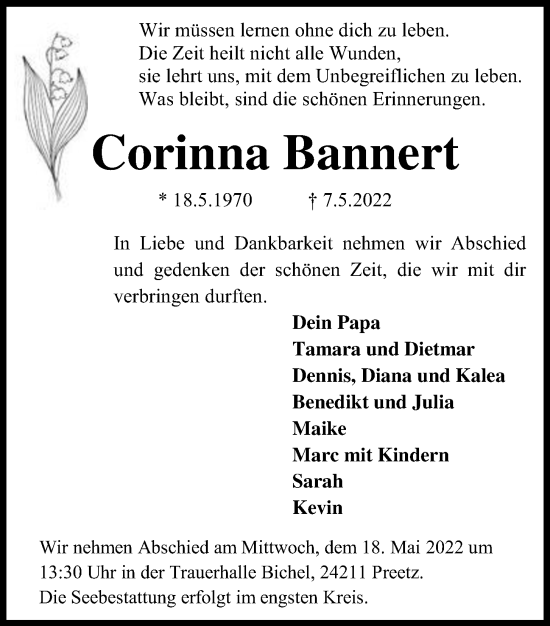 Traueranzeige von Corinna Bannert von Kieler Nachrichten