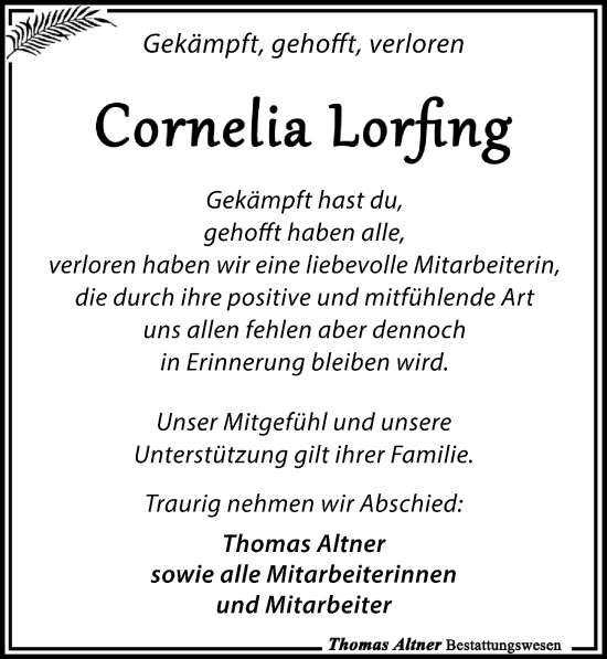 Traueranzeige von Cornelia Lorfing von Leipziger Volkszeitung