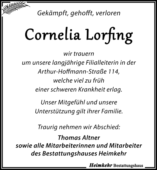 Traueranzeige von Cornelia Lorfing von Leipziger Volkszeitung