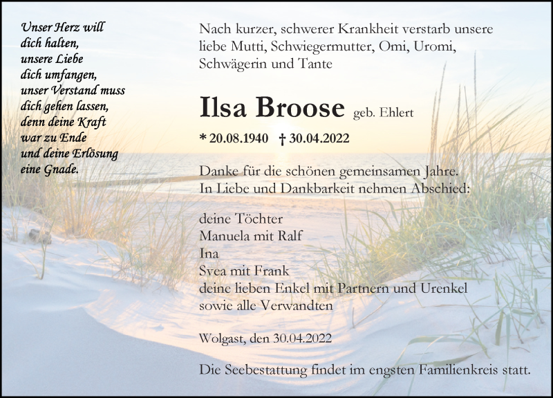  Traueranzeige für Ilsa Broose vom 07.05.2022 aus 