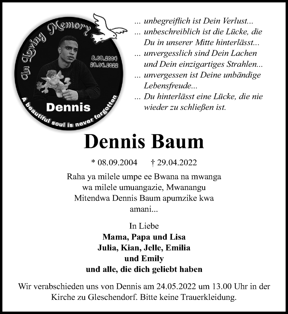  Traueranzeige für Dennis Baum vom 13.05.2022 aus Lübecker Nachrichten