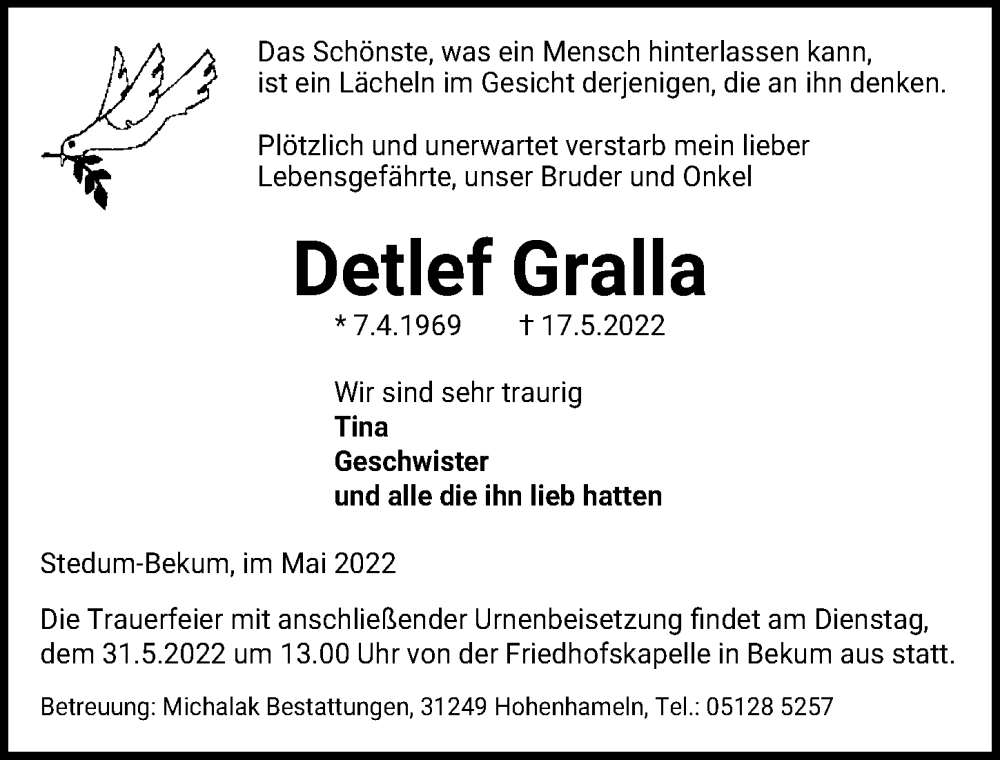  Traueranzeige für Detlef Gralla vom 21.05.2022 aus Peiner Allgemeine Zeitung