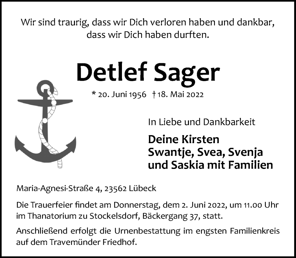  Traueranzeige für Detlef Sager vom 22.05.2022 aus Lübecker Nachrichten