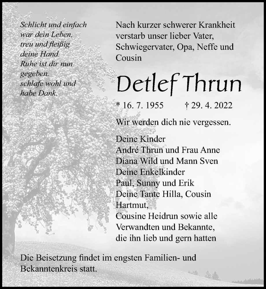  Traueranzeige für Detlef Thrun vom 07.05.2022 aus Ostsee-Zeitung GmbH