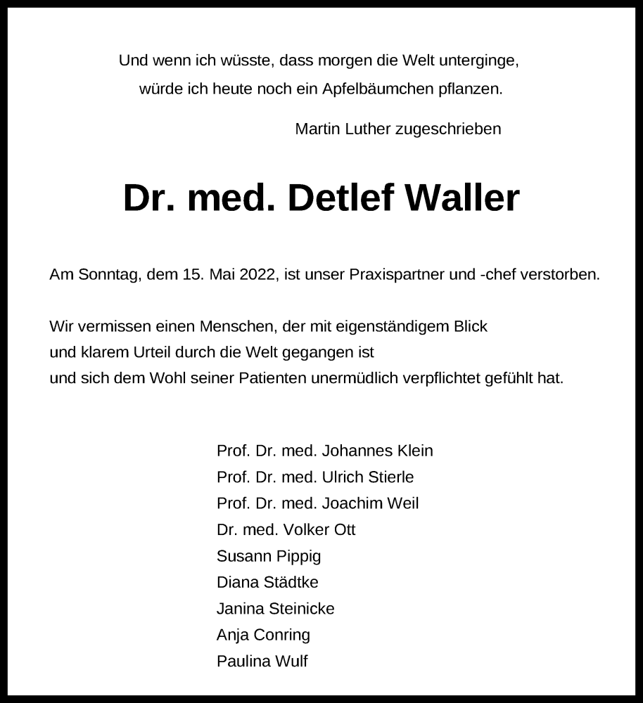  Traueranzeige für Detlef Waller vom 22.05.2022 aus Lübecker Nachrichten