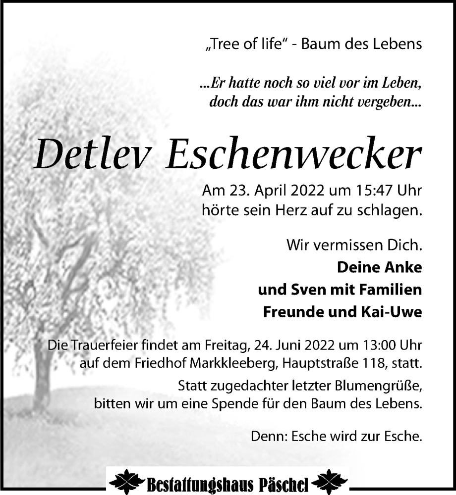  Traueranzeige für Detlev Eschenwecker vom 07.05.2022 aus Leipziger Volkszeitung
