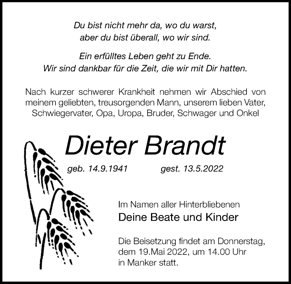  Traueranzeige für Dieter Brandt vom 17.05.2022 aus Märkischen Allgemeine Zeitung