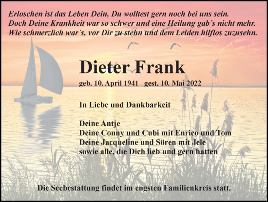 Traueranzeige von Dieter Frank von Ostsee-Zeitung GmbH