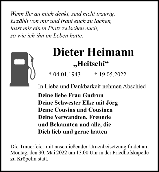 Traueranzeige von Dieter Heimann von Ostsee-Zeitung GmbH