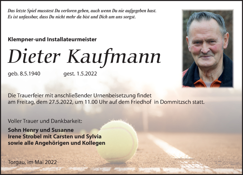 Traueranzeige für Dieter Kaufmann vom 14.05.2022 aus Torgauer Zeitung
