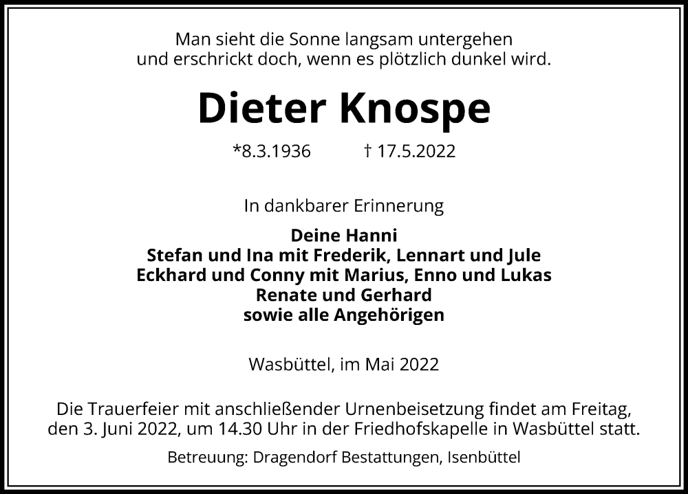  Traueranzeige für Dieter Knospe vom 21.05.2022 aus Aller Zeitung