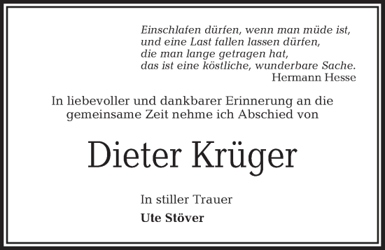Traueranzeige von Dieter Krüger von Kieler Nachrichten