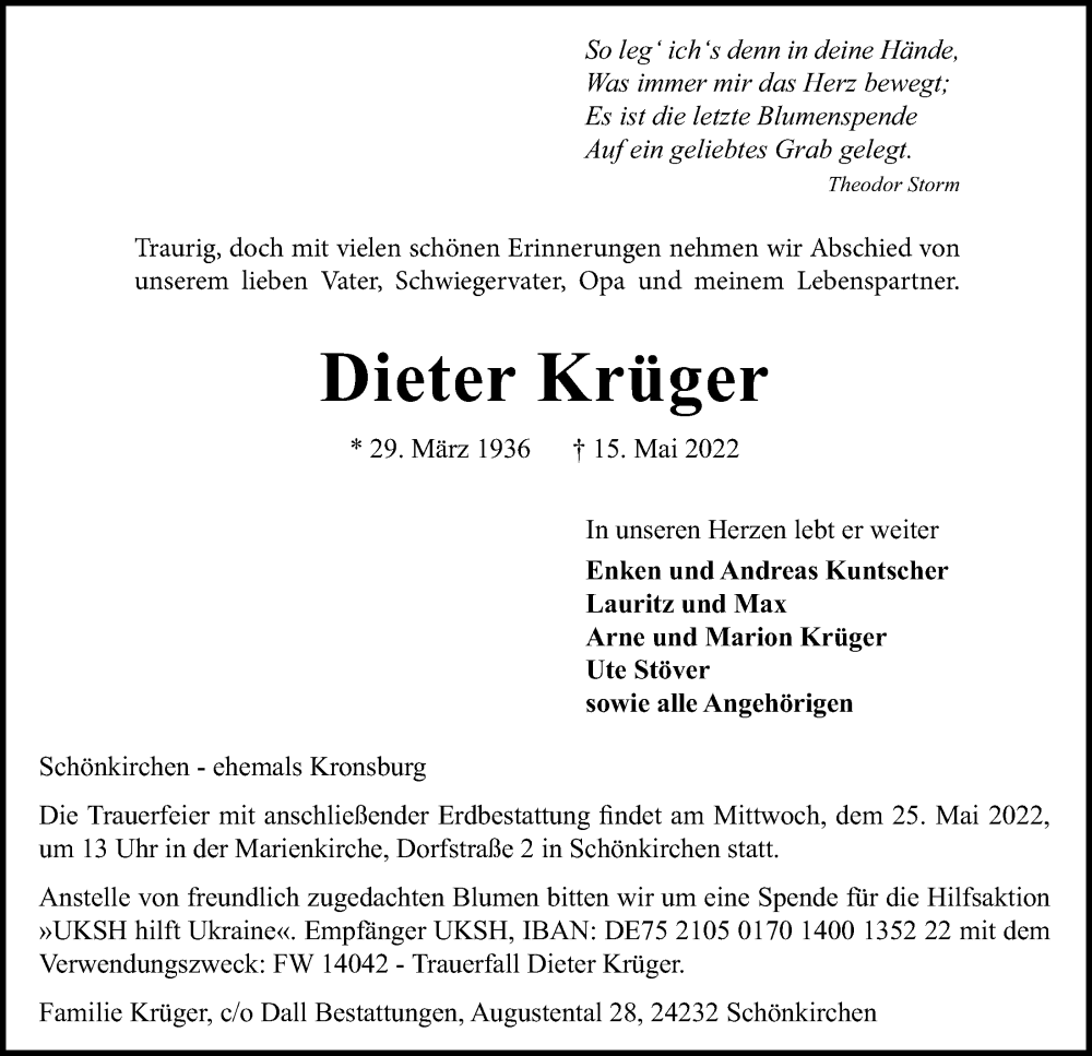 Traueranzeige für Dieter Krüger vom 21.05.2022 aus Kieler Nachrichten