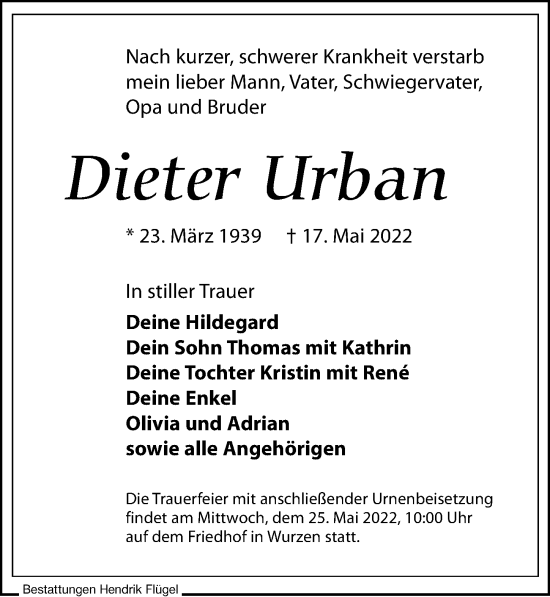 Traueranzeige von Dieter Urban von Leipziger Volkszeitung