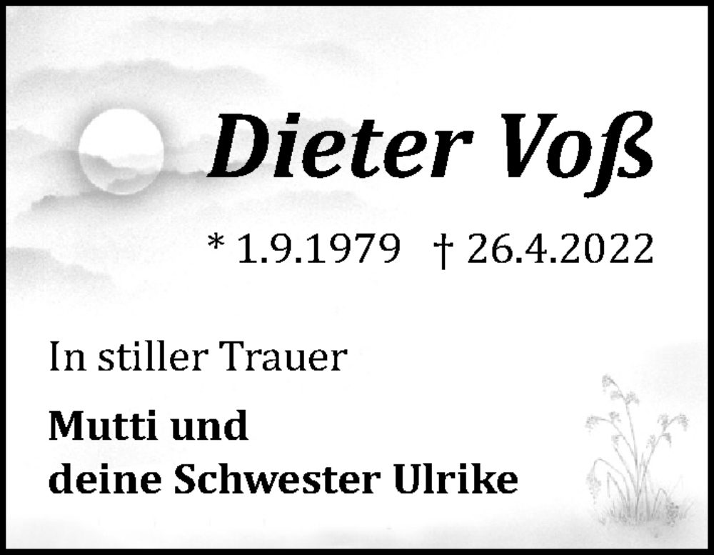  Traueranzeige für Dieter Voß vom 14.05.2022 aus Ostsee-Zeitung GmbH
