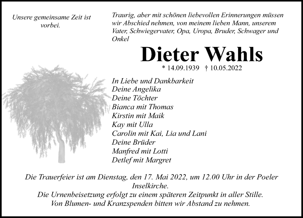  Traueranzeige für Dieter Wahls vom 14.05.2022 aus Ostsee-Zeitung GmbH