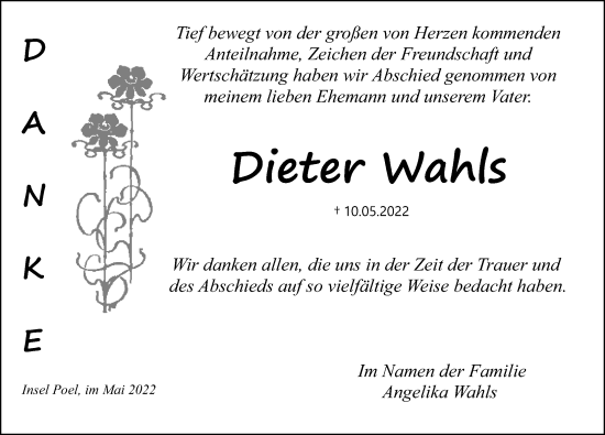 Traueranzeige von Dieter Wahls von Ostsee-Zeitung GmbH