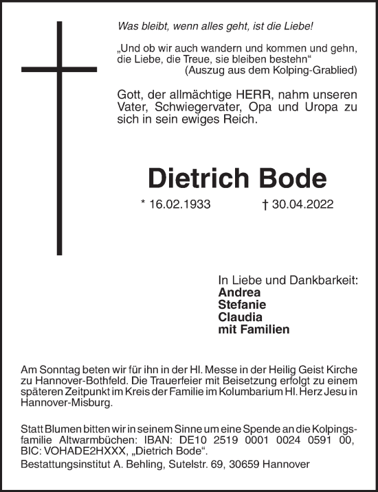 Traueranzeige von Dietrich Bode von Hannoversche Allgemeine Zeitung/Neue Presse