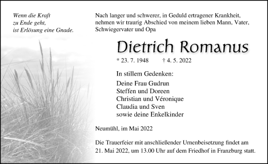 Traueranzeige von Dietrich Romanus von Ostsee-Zeitung GmbH