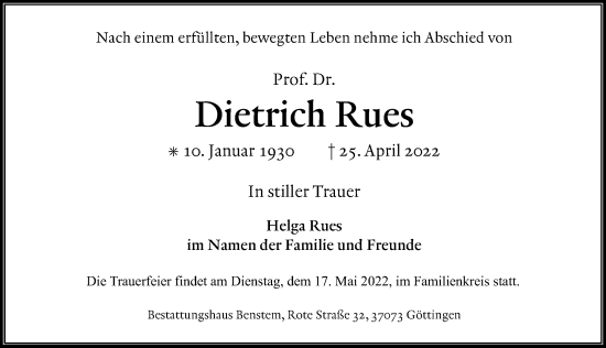Traueranzeige von Dietrich Rues von Göttinger Tageblatt
