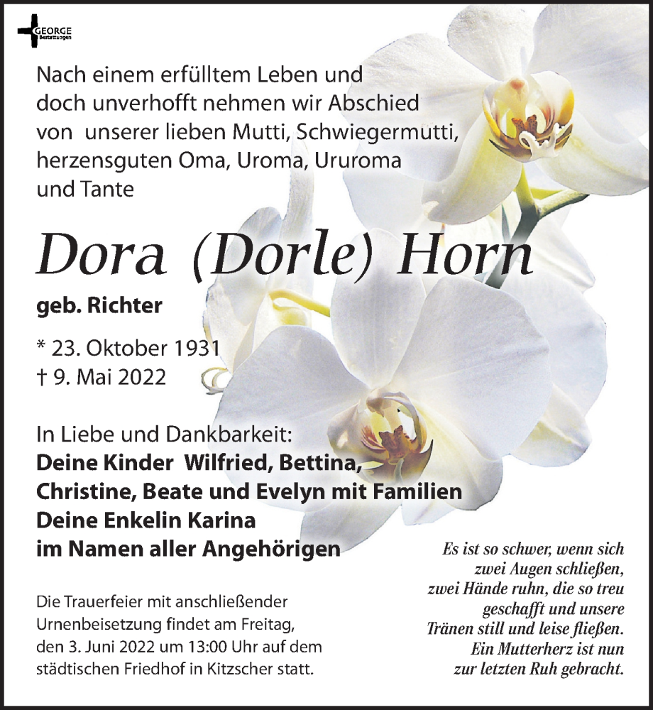  Traueranzeige für Dora Horn vom 14.05.2022 aus Leipziger Volkszeitung