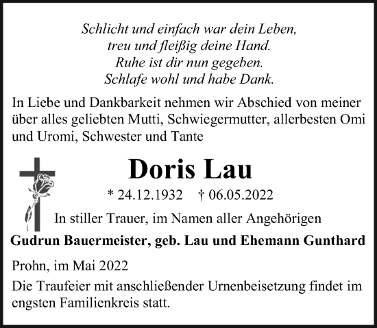 Traueranzeige von Doris Lau von Ostsee-Zeitung GmbH