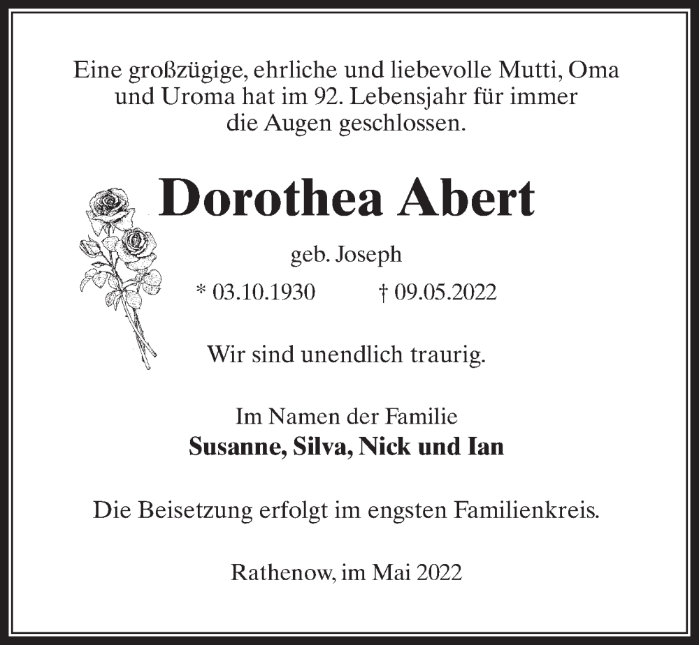  Traueranzeige für Dorothea Abert vom 14.05.2022 aus Märkischen Allgemeine Zeitung