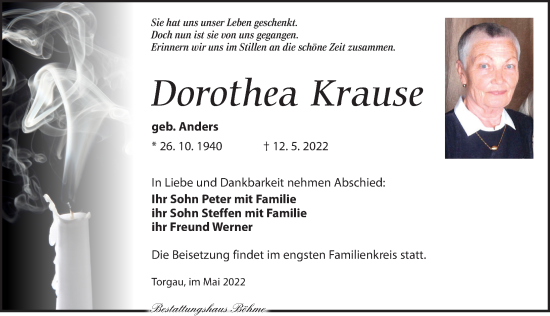 Traueranzeige von Dorothea Krause von Torgauer Zeitung