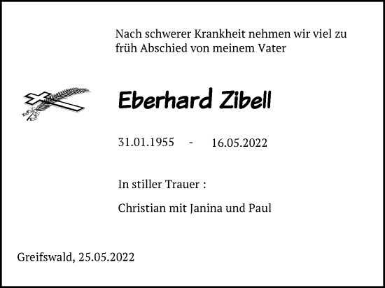 Traueranzeige von Eberhard Zibell von Ostsee-Zeitung GmbH