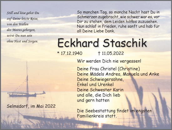 Traueranzeige von Eckhard Staschik von Ostsee-Zeitung GmbH