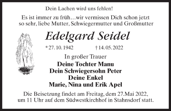 Traueranzeige von Edelgard Seidel von Märkischen Allgemeine Zeitung