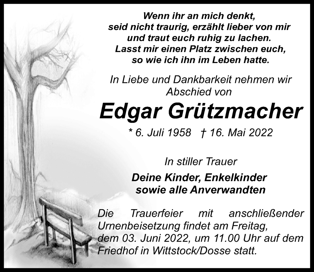  Traueranzeige für Edgar Grützmacher vom 21.05.2022 aus Märkischen Allgemeine Zeitung