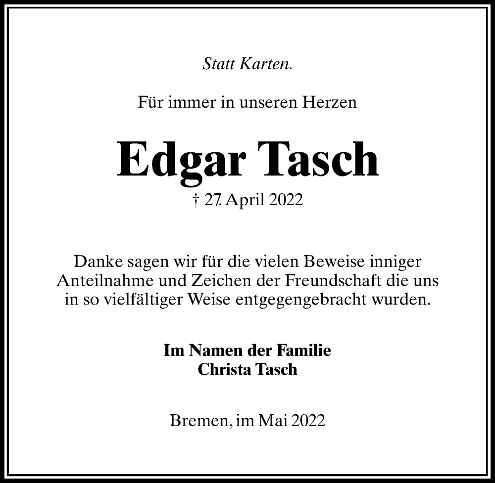  Traueranzeige für Edgar Tasch vom 21.05.2022 aus Göttinger Tageblatt