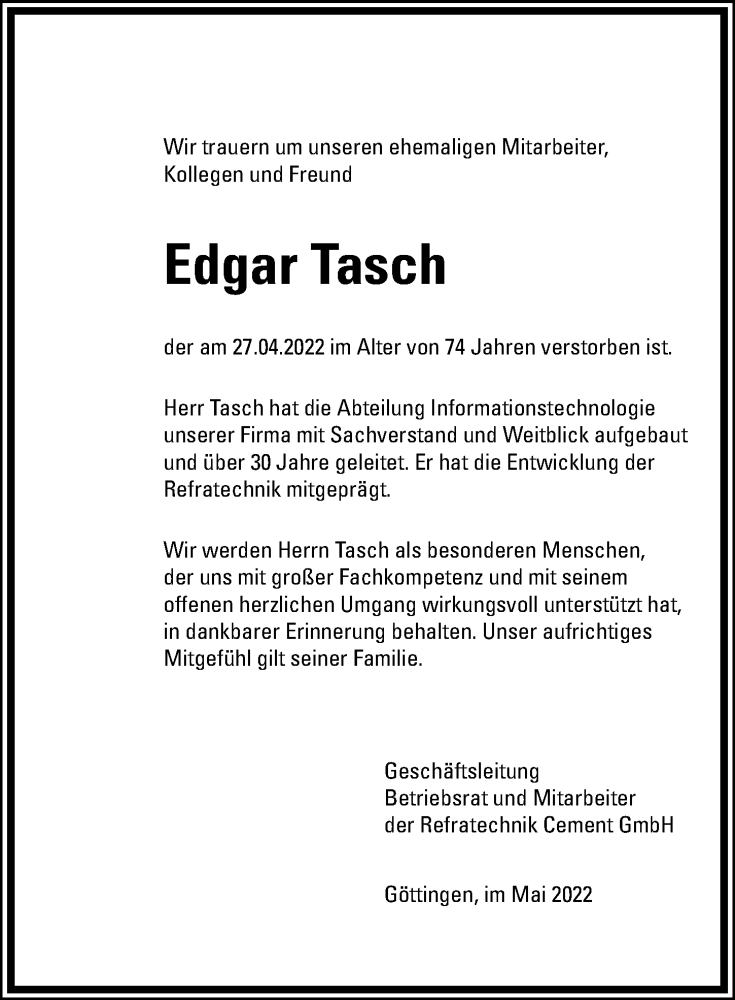  Traueranzeige für Edgar Tasch vom 07.05.2022 aus Göttinger Tageblatt