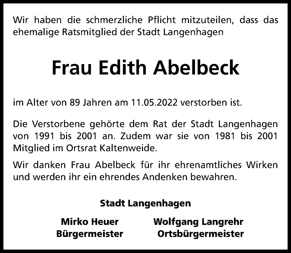  Traueranzeige für Edith Abelbeck vom 18.05.2022 aus Hannoversche Allgemeine Zeitung/Neue Presse