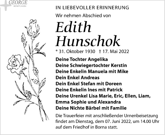 Traueranzeige von Edith Hunschok von Leipziger Volkszeitung