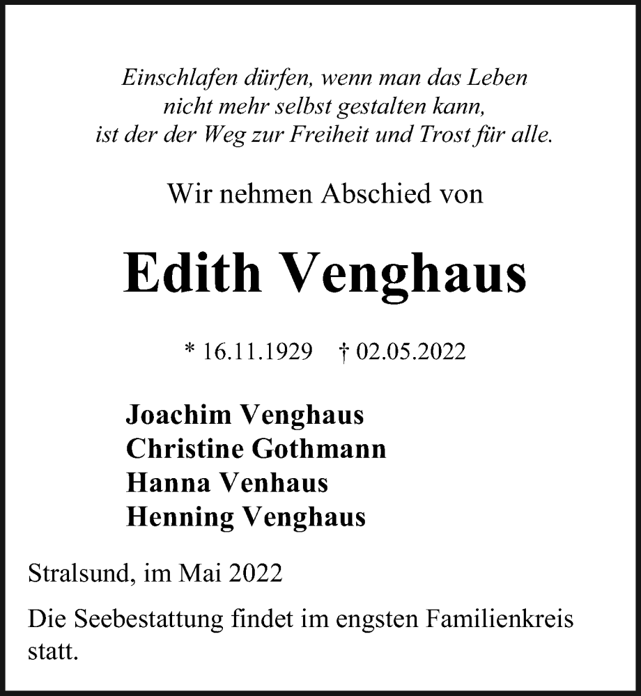  Traueranzeige für Edith Venghaus vom 07.05.2022 aus Ostsee-Zeitung GmbH