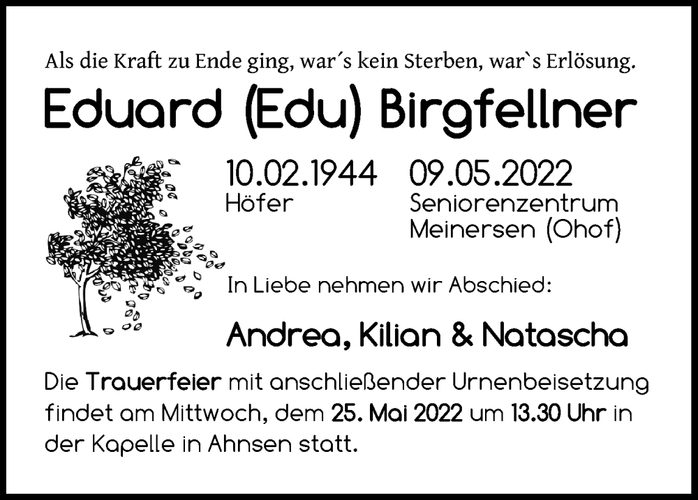  Traueranzeige für Eduard Birgfellner vom 14.05.2022 aus Aller Zeitung